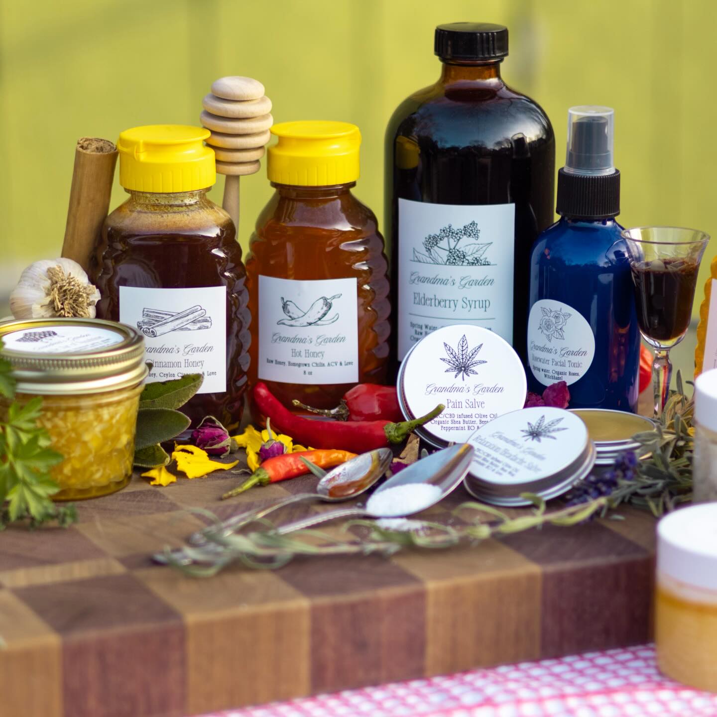 A lineup of Grandma’s Garden jars and bottles